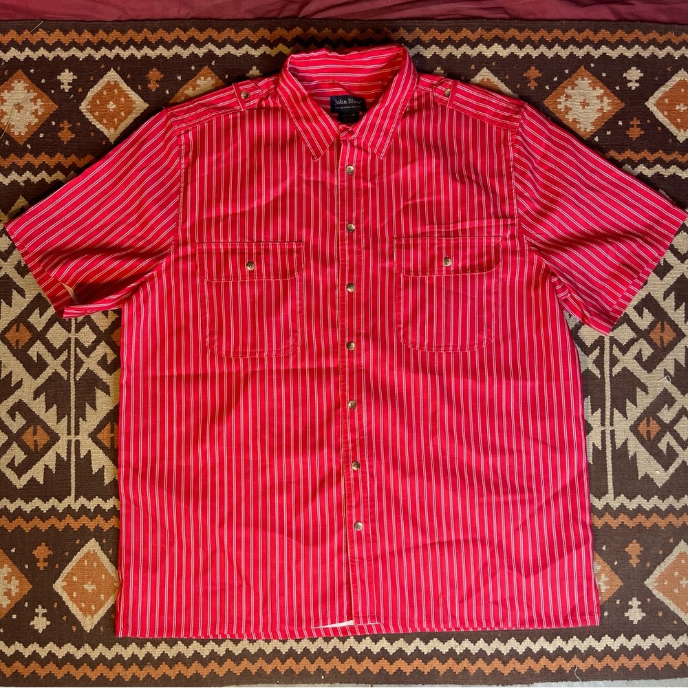 John Blair Red White Striped Epaulette Shoulder Strap Button Front Shirt XLG